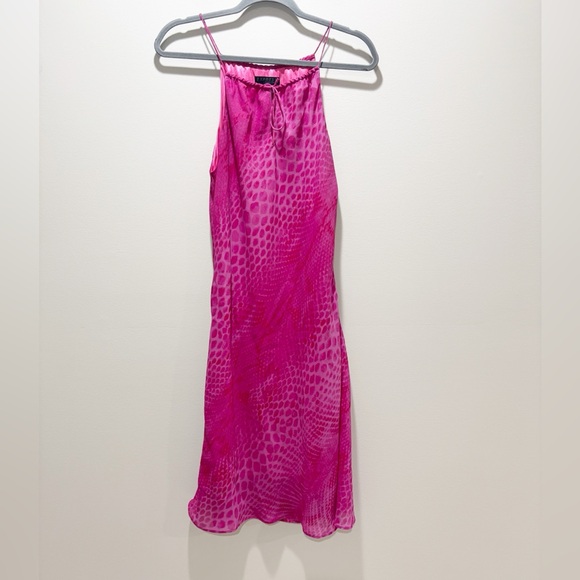 EXPRESS Women’s Vintage Y2K Patterned Pink High Neck Slip A Line Dress Sz 7/8 - Picture 1 of 5